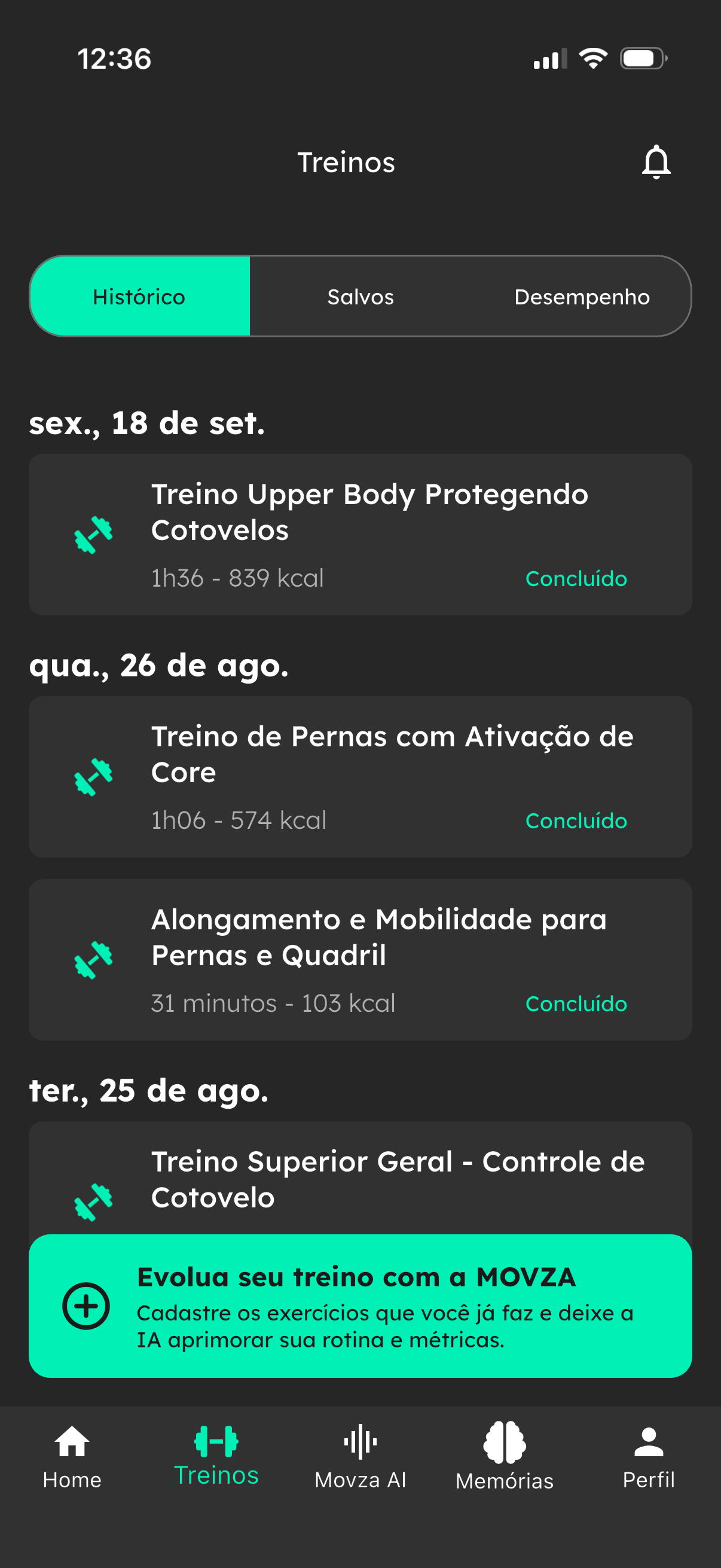 Evolua seu treino com a MOVZA. Cadastre os exercícios que você já faz e deixe a IA aprimorar sua rotina e métricas.